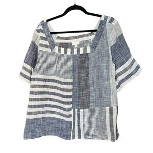 J. Jill Blue Striped Patchwork Cotton Gauze Blouse Coastal Size Large Petite